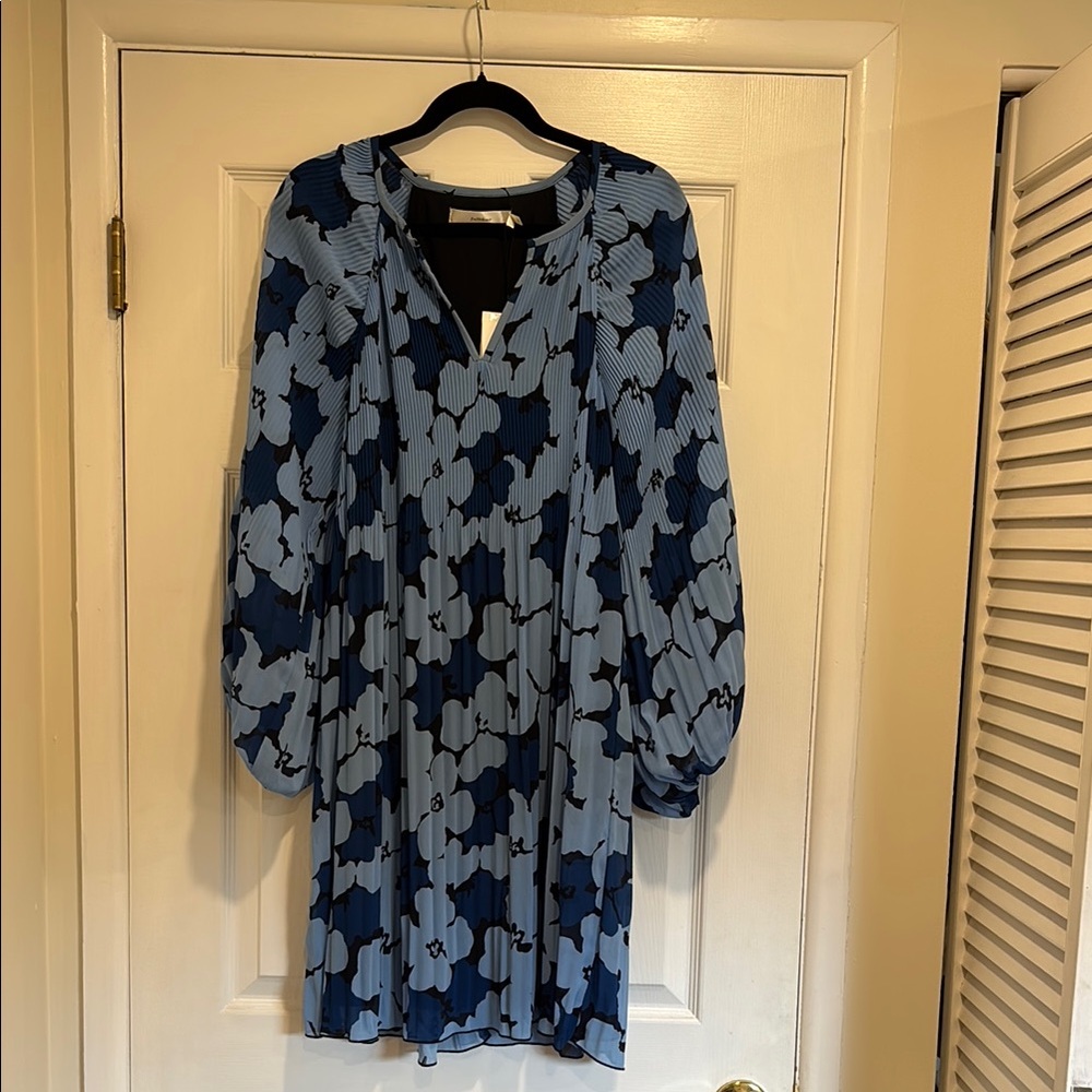 Blue and White V-Neck Long Sleeve High Low Dress